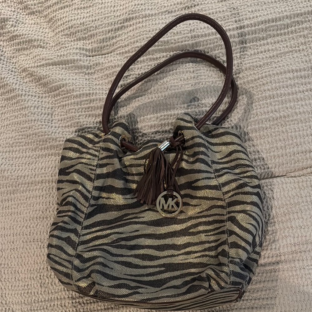 Michael Kors Brown and Cream Shoulder Bag with Decorative Charm
